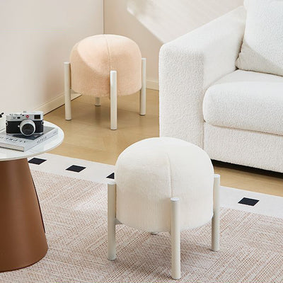 Contemporary Scandinavian Rabbit Fur Carbon Steel Round Barrel Low Stool For Living Room