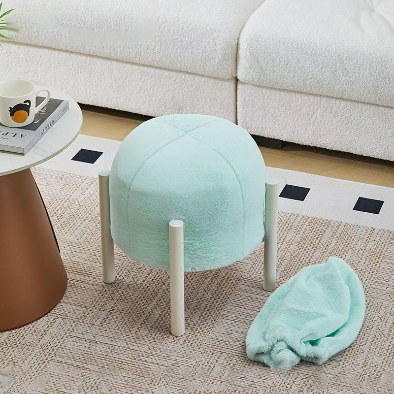 Contemporary Scandinavian Rabbit Fur Carbon Steel Round Barrel Low Stool For Living Room