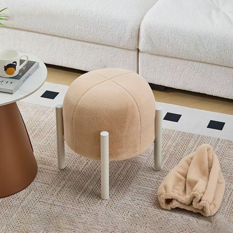 Contemporary Scandinavian Rabbit Fur Carbon Steel Round Barrel Low Stool For Living Room