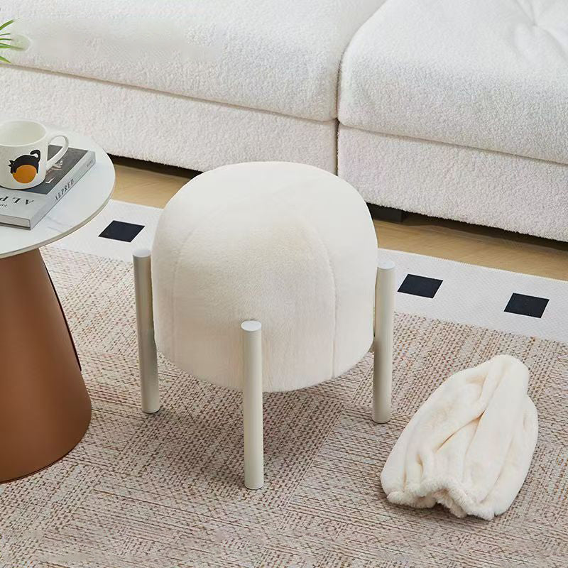 Contemporary Scandinavian Rabbit Fur Carbon Steel Round Barrel Low Stool For Living Room