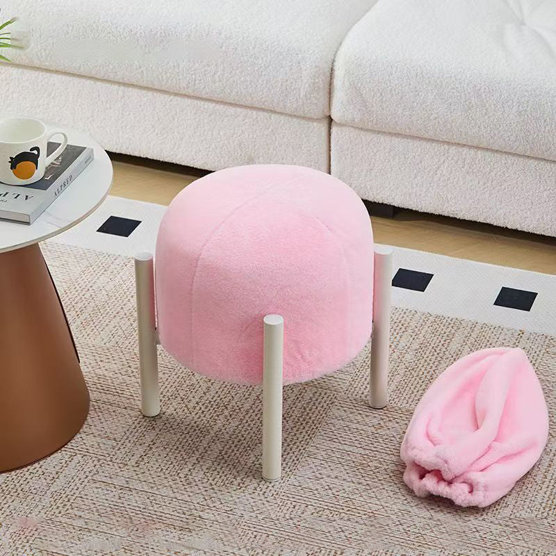 Contemporary Scandinavian Rabbit Fur Carbon Steel Round Barrel Low Stool For Living Room