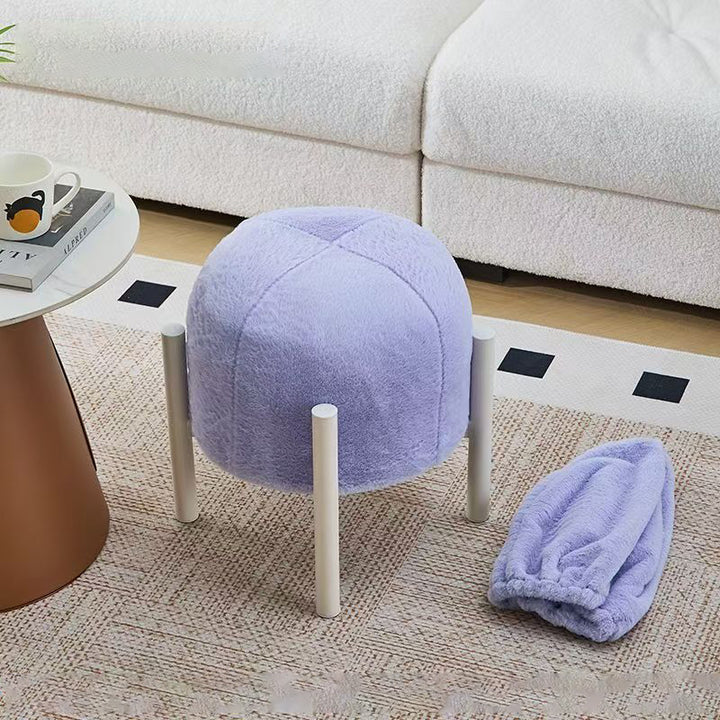 Contemporary Scandinavian Rabbit Fur Carbon Steel Round Barrel Low Stool For Living Room