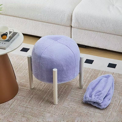 Contemporary Scandinavian Rabbit Fur Carbon Steel Round Barrel Low Stool For Living Room