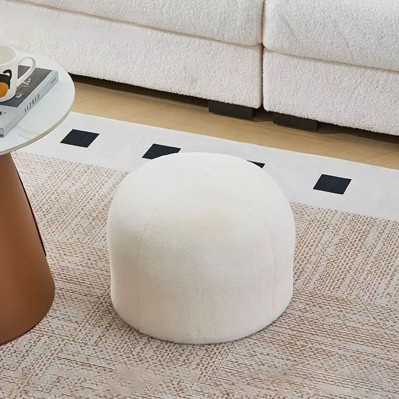 Contemporary Scandinavian Rabbit Fur Carbon Steel Round Barrel Low Stool For Living Room