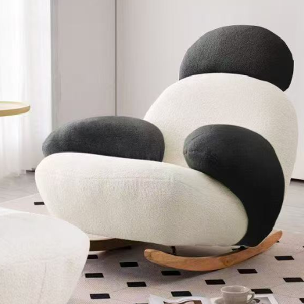 Sillón auxiliar redondo contemporáneo y creativo con forma de mascota, en tejido sherpa, acero al carbono y madera de pino, con respaldo y reposabrazos, para sala de estar 
