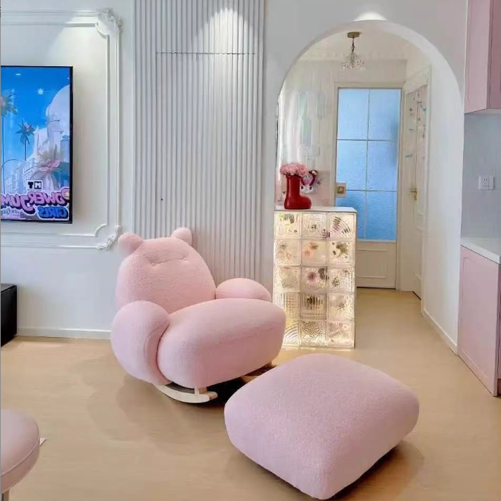 Sillón auxiliar redondo contemporáneo y creativo con forma de mascota, en tejido sherpa, acero al carbono y madera de pino, con respaldo y reposabrazos, para sala de estar 