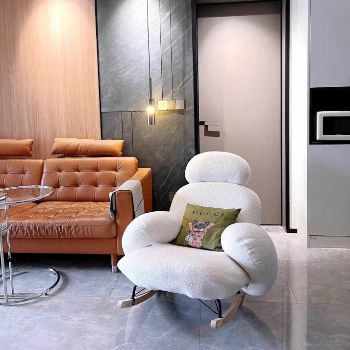 Sillón auxiliar redondo contemporáneo y creativo con forma de mascota, en tejido sherpa, acero al carbono y madera de pino, con respaldo y reposabrazos, para sala de estar 
