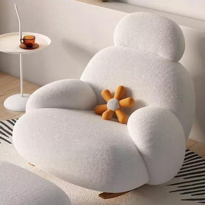 Sillón auxiliar redondo contemporáneo y creativo con forma de mascota, en tejido sherpa, acero al carbono y madera de pino, con respaldo y reposabrazos, para sala de estar 