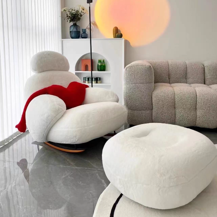 Sillón auxiliar redondo contemporáneo y creativo con forma de mascota, en tejido sherpa, acero al carbono y madera de pino, con respaldo y reposabrazos, para sala de estar 