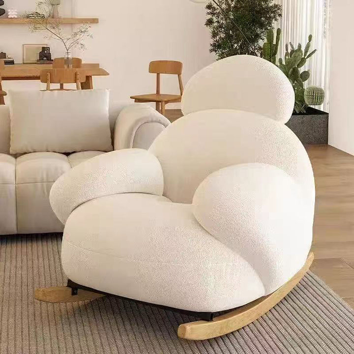 Sillón auxiliar redondo contemporáneo y creativo con forma de mascota, en tejido sherpa, acero al carbono y madera de pino, con respaldo y reposabrazos, para sala de estar 