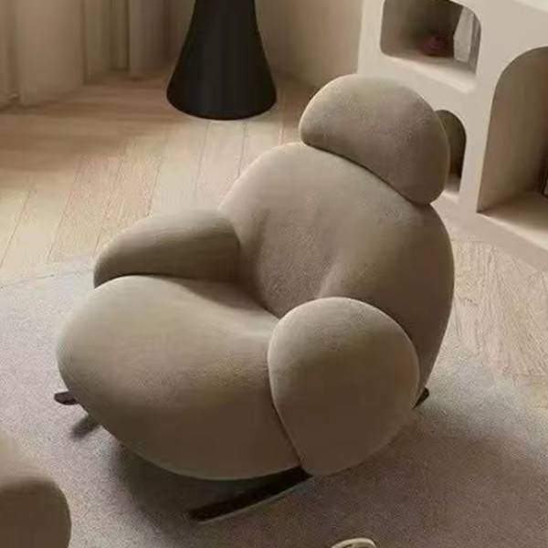 Sillón auxiliar redondo contemporáneo y creativo con forma de mascota, en tejido sherpa, acero al carbono y madera de pino, con respaldo y reposabrazos, para sala de estar 