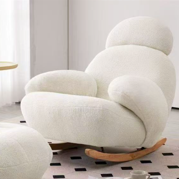 Sillón auxiliar redondo contemporáneo y creativo con forma de mascota, en tejido sherpa, acero al carbono y madera de pino, con respaldo y reposabrazos, para sala de estar 