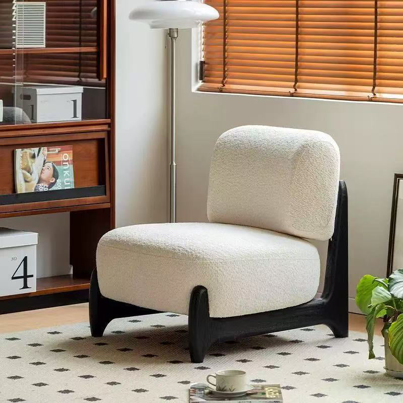 Contemporary Scandinavian Lambswool Solid Wood Rounded Square Accent Chair With Backrest For Bedroom
