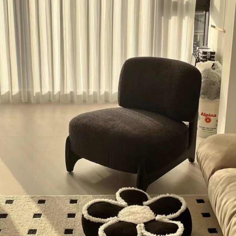 Contemporary Scandinavian Lambswool Solid Wood Rounded Square Accent Chair With Backrest For Bedroom
