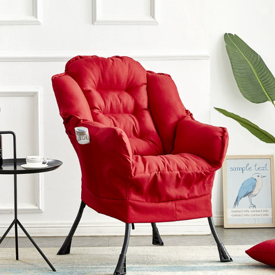 Chaise d'appoint moderne minimaliste en lin, velours et métal, carrée arrondie, avec dossier et accoudoirs pour salon 