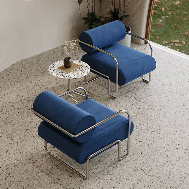 Traditional French Corduroy Suede Stainless Steel Cylindrical Square Accent Chair With Backrest Armrests For Living Room