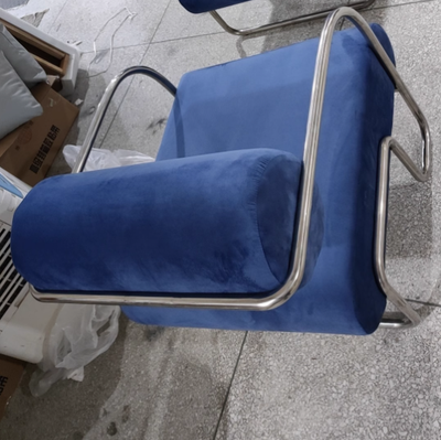 Traditional French Corduroy Suede Stainless Steel Cylindrical Square Accent Chair With Backrest Armrests For Living Room