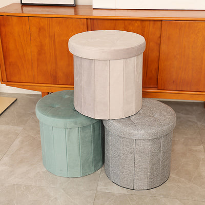 Modern Minimalist Linen Teddy Fleece Textured Cylindrical Low Stool Storage For Living Room