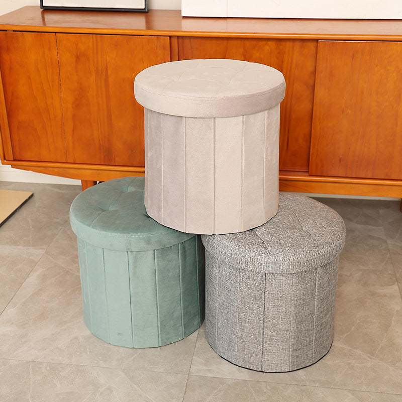 Modern Minimalist Linen Teddy Fleece Textured Cylindrical Low Stool Storage For Living Room