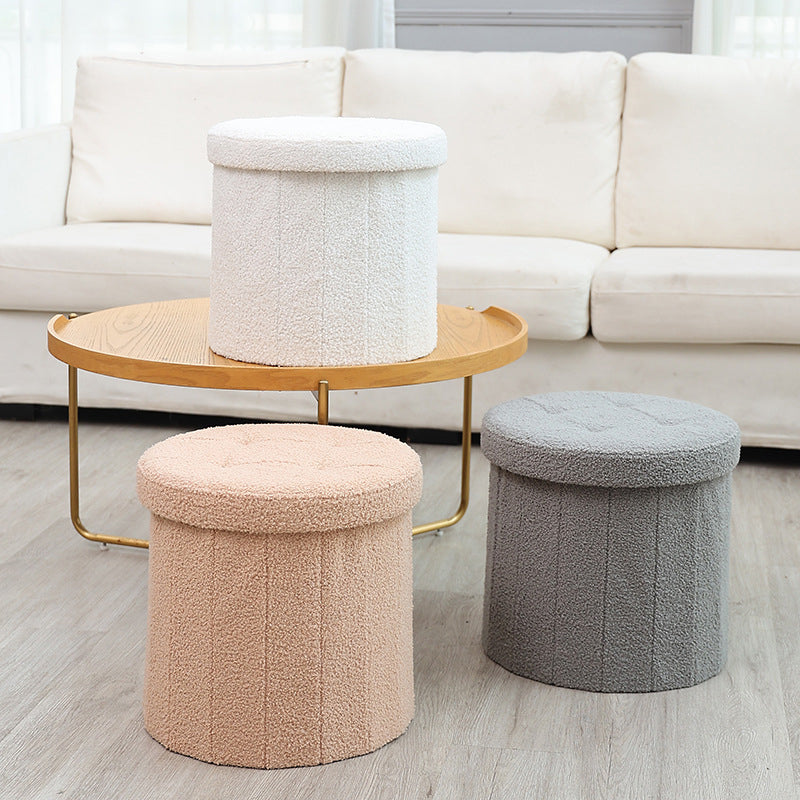 Modern Minimalist Linen Teddy Fleece Textured Cylindrical Low Stool Storage For Living Room