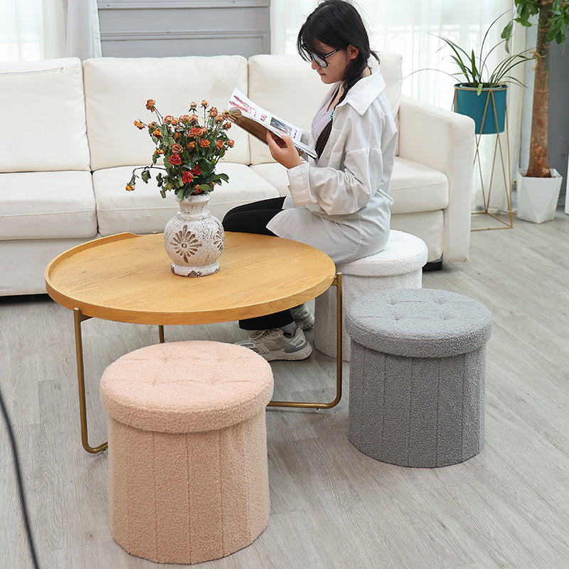 Modern Minimalist Linen Teddy Fleece Textured Cylindrical Low Stool Storage For Living Room