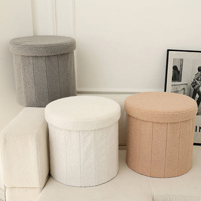 Modern Minimalist Linen Teddy Fleece Textured Cylindrical Low Stool Storage For Living Room