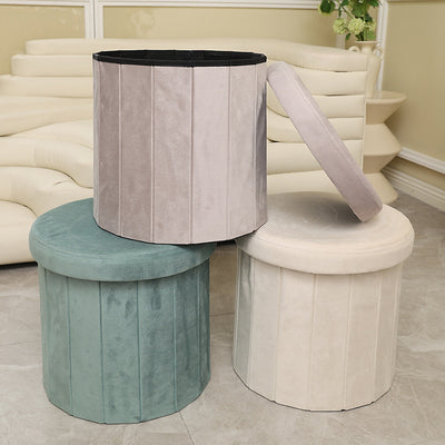 Modern Minimalist Linen Teddy Fleece Textured Cylindrical Low Stool Storage For Living Room