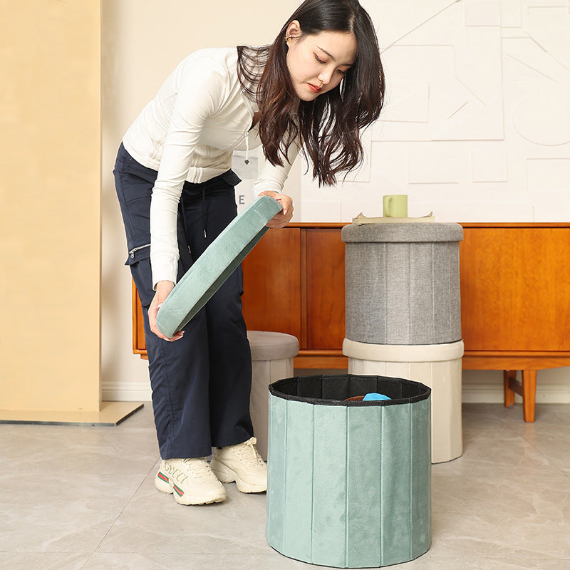 Modern Minimalist Linen Teddy Fleece Textured Cylindrical Low Stool Storage For Living Room