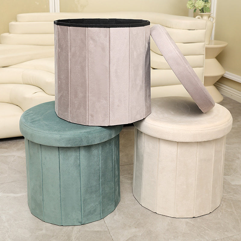 Modern Minimalist Linen Teddy Fleece Textured Cylindrical Low Stool Storage For Living Room