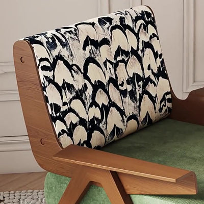Traditional French Ash Wood Cotton Linen Square Curved Accent Chair With Backrest & Armrests For Living Room