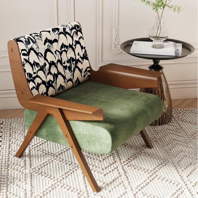Traditional French Ash Wood Cotton Linen Square Curved Accent Chair With Backrest & Armrests For Living Room