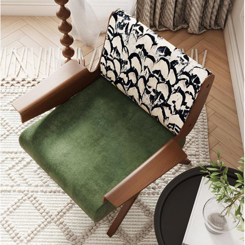 Traditional French Ash Wood Cotton Linen Square Curved Accent Chair With Backrest & Armrests For Living Room