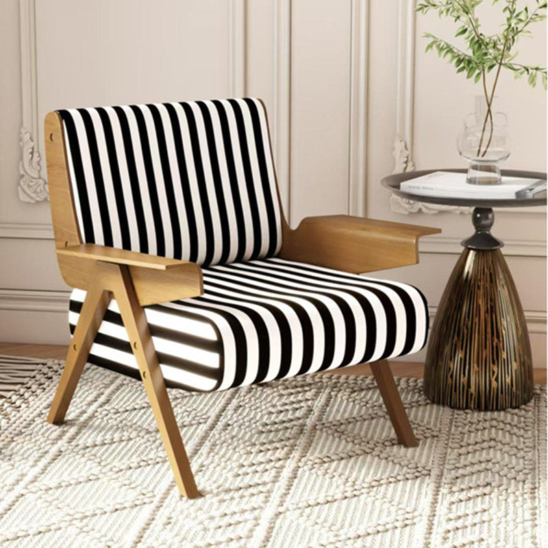 Traditional French Ash Wood Cotton Linen Square Curved Accent Chair With Backrest & Armrests For Living Room