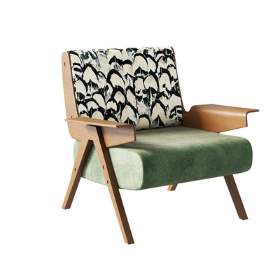 Traditional French Ash Wood Cotton Linen Square Curved Accent Chair With Backrest & Armrests For Living Room