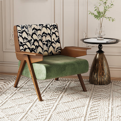 Traditional French Ash Wood Cotton Linen Square Curved Accent Chair With Backrest & Armrests For Living Room