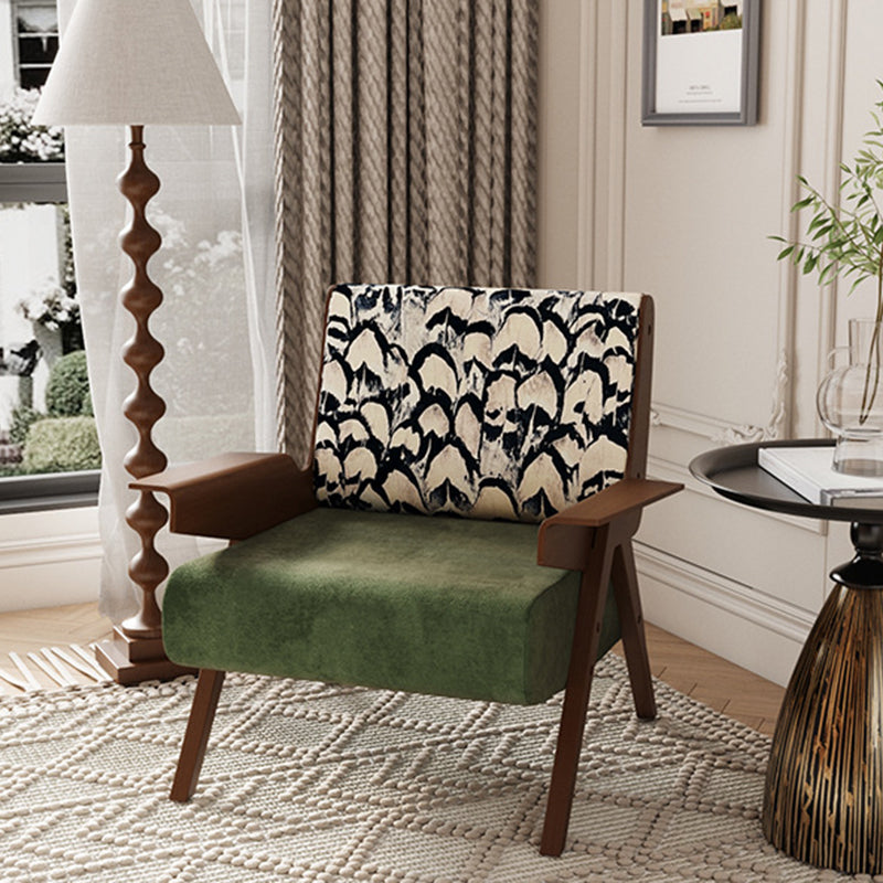 Traditional French Ash Wood Cotton Linen Square Curved Accent Chair With Backrest & Armrests For Living Room