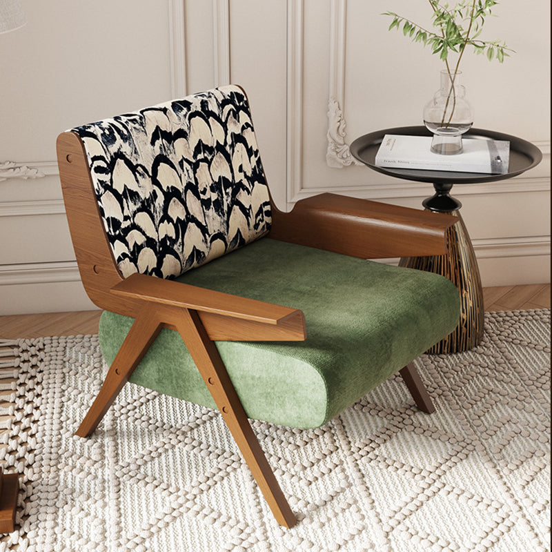 Traditional French Ash Wood Cotton Linen Square Curved Accent Chair With Backrest & Armrests For Living Room