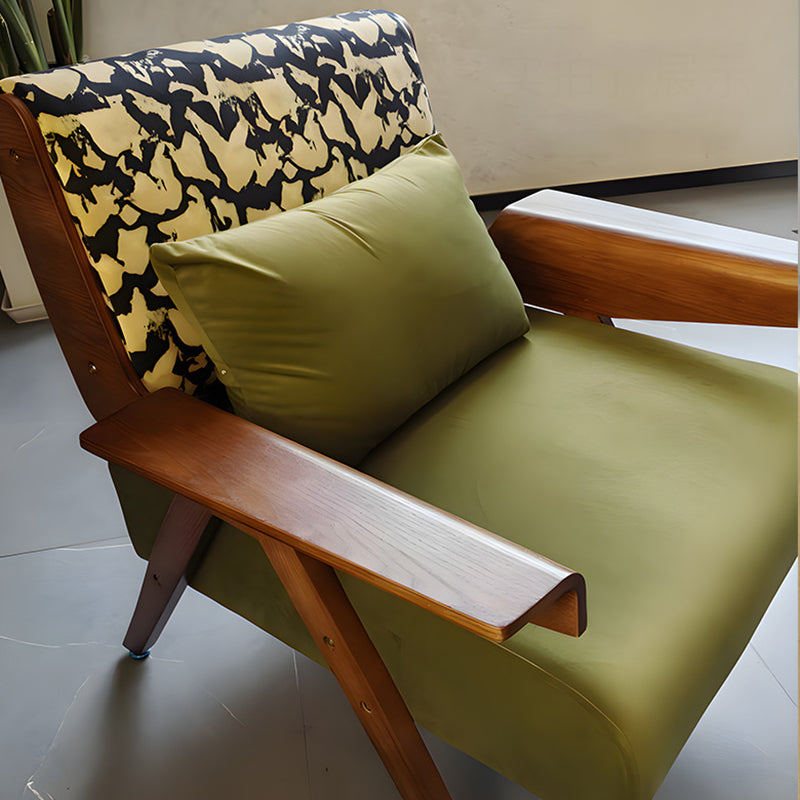 Traditional French Ash Wood Cotton Linen Square Curved Accent Chair With Backrest & Armrests For Living Room