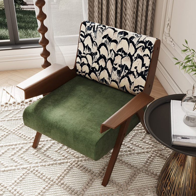 Traditional French Ash Wood Cotton Linen Square Curved Accent Chair With Backrest & Armrests For Living Room