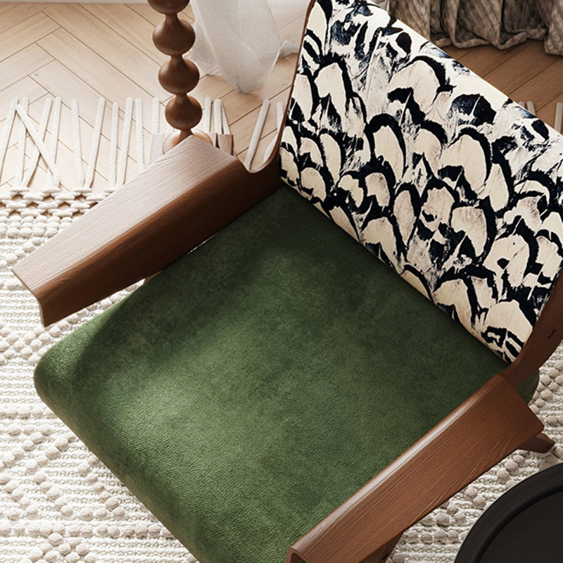 Traditional French Ash Wood Cotton Linen Square Curved Accent Chair With Backrest & Armrests For Living Room