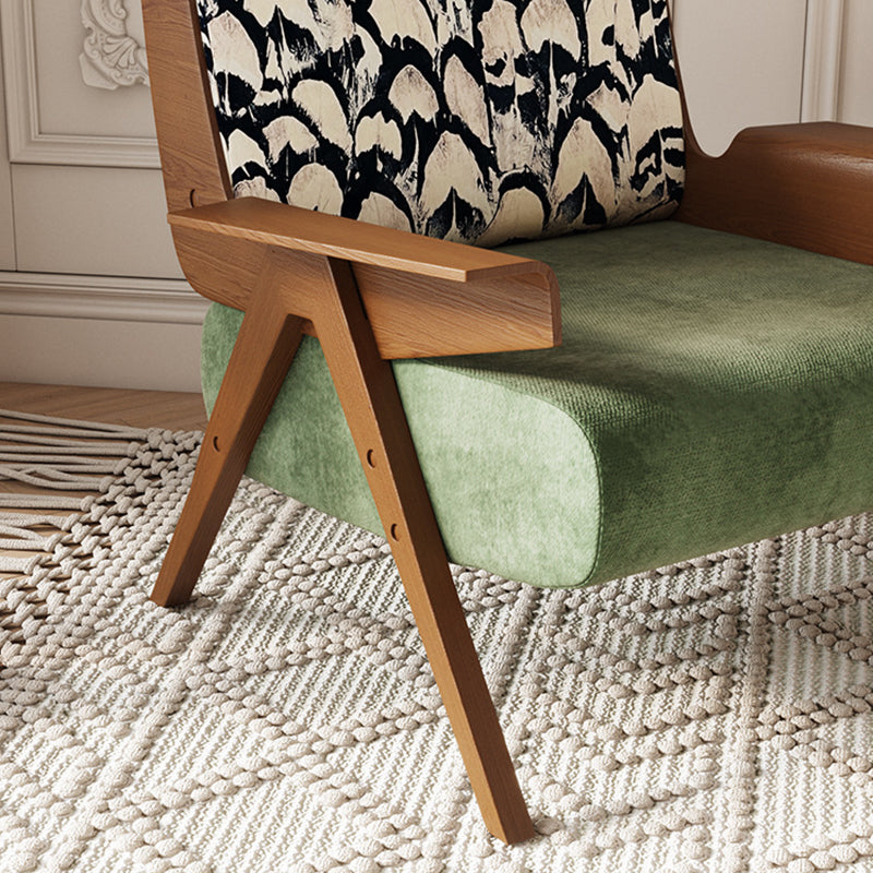 Traditional French Ash Wood Cotton Linen Square Curved Accent Chair With Backrest & Armrests For Living Room