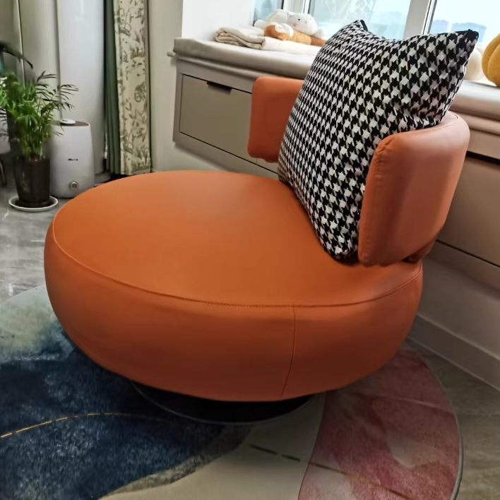 Contemporary Scandinavian Cat Scratch Leather Stainless Steel Curved Round Accent Chair With Backrest For Living Room