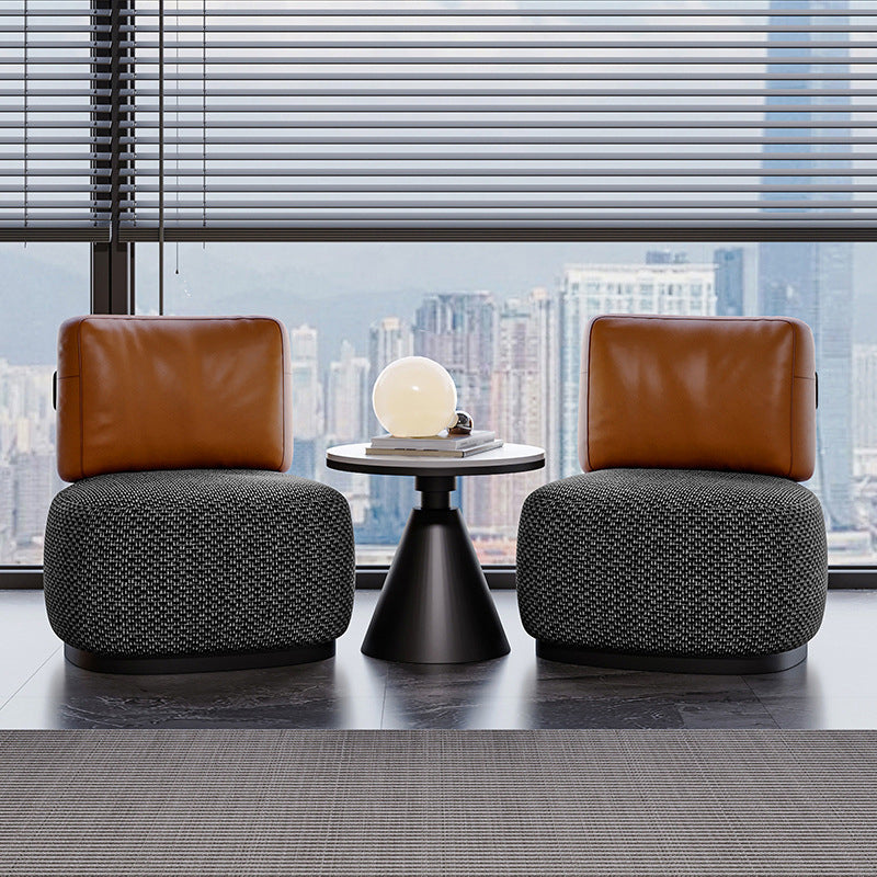 Contemporary Scandinavian Linen Nappa Leather Carbon Steel Round Square Accent Chair With Backrest For Living Room
