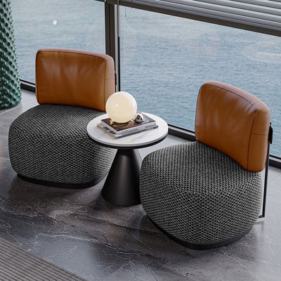 Contemporary Scandinavian Linen Nappa Leather Carbon Steel Round Square Accent Chair With Backrest For Living Room