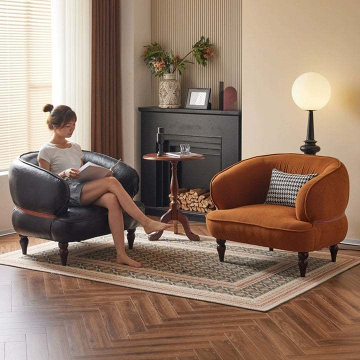 Traditional Vintage Oil Wax Leather Corduroy Soild Wood Accent Chair With Backrest Armrests For Living Room