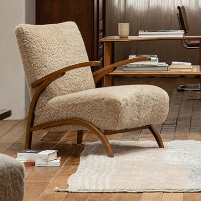 Traditional French Chenille Lambswool Solid Wood Curved Square Accent Chair With Backrest Armrests For Living Room