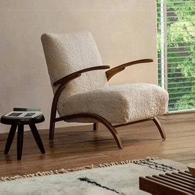 Traditional French Chenille Lambswool Solid Wood Curved Square Accent Chair With Backrest Armrests For Living Room