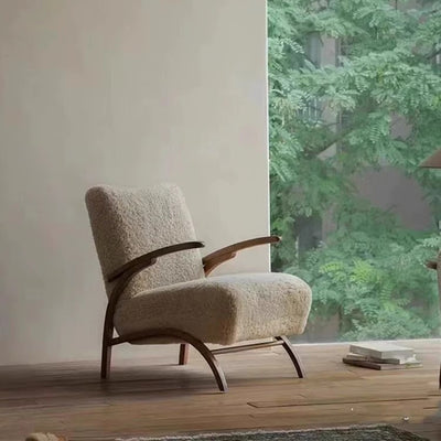 Traditional French Chenille Lambswool Solid Wood Curved Square Accent Chair With Backrest Armrests For Living Room