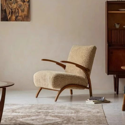Traditional French Chenille Lambswool Solid Wood Curved Square Accent Chair With Backrest Armrests For Living Room
