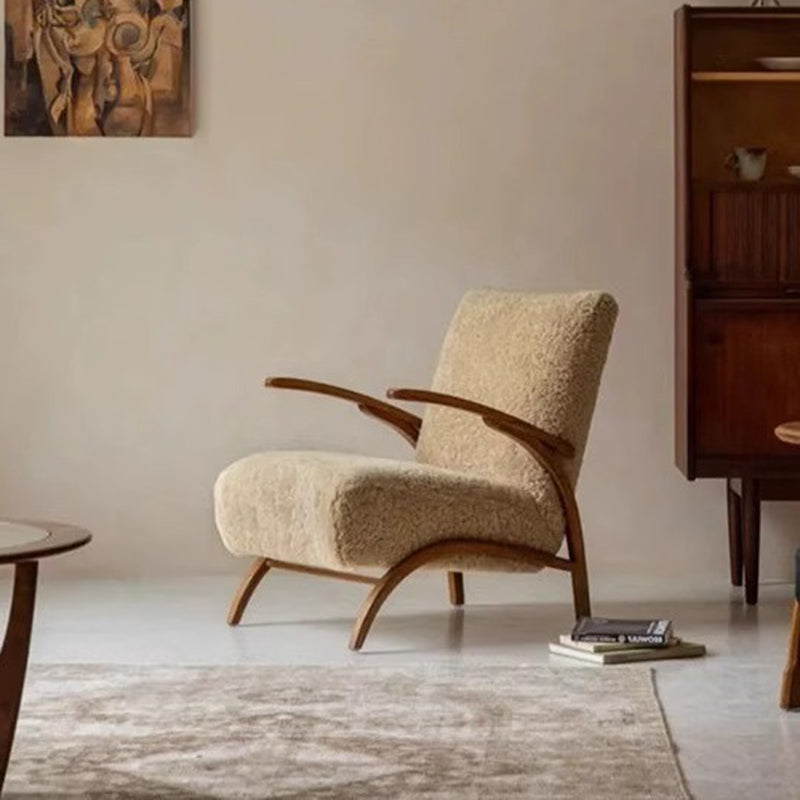Traditional French Chenille Lambswool Solid Wood Curved Square Accent Chair With Backrest Armrests For Living Room